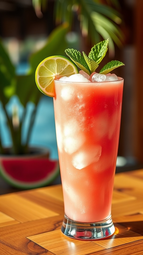 Refreshing Frozen Watermelon Lime Slushie Recipe A colorful watermelon lime slushie with mint and lime garnish, set against a sunny summer background.